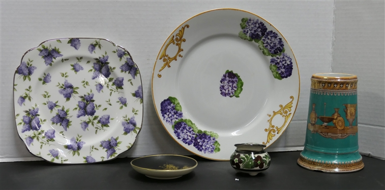 19th Century Transferware Tooth Brush Holder (Small Chip on Bottom of Base), Bavaria Plate with Purple Hydrangeas, Royal Albert Lilac Lane Platinum Plate, Chinese Small Plate, and Hand Painted...