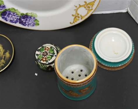19th Century Transferware Tooth Brush Holder (Small Chip on Bottom of Base), Bavaria Plate with Purple Hydrangeas, Royal Albert Lilac Lane Platinum Plate, Chinese Small Plate, and Hand Painted...