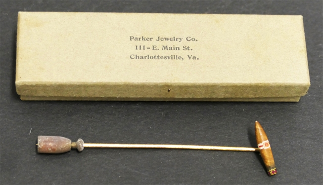 Gold Stick Pin with Miniature Ruby Encrusted Cigar at End - Pin Measures 3 Long - Cigar Measures 3/4 