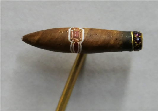 Gold Stick Pin with Miniature Ruby Encrusted Cigar at End - Pin Measures 3 Long - Cigar Measures 3/4 