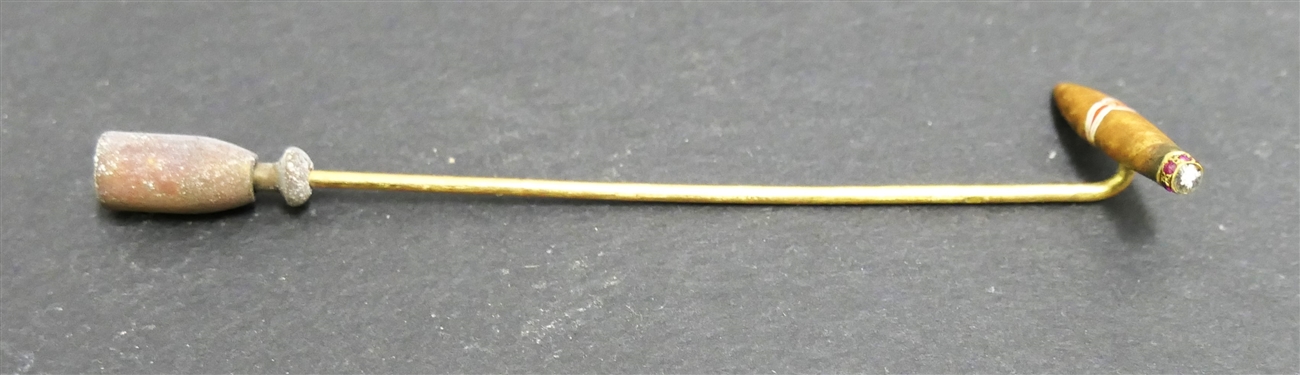 Gold Stick Pin with Miniature Ruby Encrusted Cigar at End - Pin Measures 3 Long - Cigar Measures 3/4 