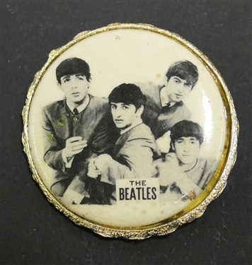 The Beatles 1964  Button in Gold Tone Pin Back Frame  with The Beatles Names in Script - Measures 2 Across