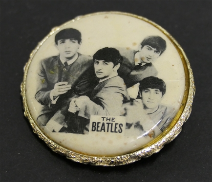The Beatles 1964  Button in Gold Tone Pin Back Frame  with The Beatles Names in Script - Measures 2 Across