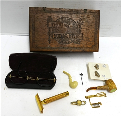 Thomas Social Fives Wood Cigar Box with Miniature Celluloid Pipe, Miniature Corn Cob Pipe, Antique Spectacles, Mercedes Stick Pin, Safety Razor, and Gentleman's Costume Jewelry 