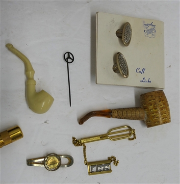 Thomas Social Fives Wood Cigar Box with Miniature Celluloid Pipe, Miniature Corn Cob Pipe, Antique Spectacles, Mercedes Stick Pin, Safety Razor, and Gentleman's Costume Jewelry 