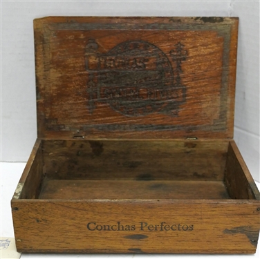 Thomas Social Fives Wood Cigar Box with Miniature Celluloid Pipe, Miniature Corn Cob Pipe, Antique Spectacles, Mercedes Stick Pin, Safety Razor, and Gentleman's Costume Jewelry 