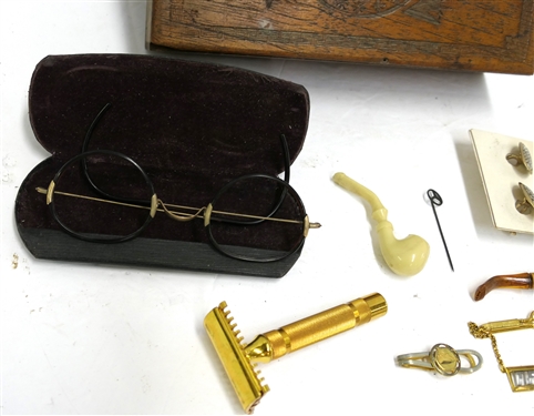 Thomas Social Fives Wood Cigar Box with Miniature Celluloid Pipe, Miniature Corn Cob Pipe, Antique Spectacles, Mercedes Stick Pin, Safety Razor, and Gentleman's Costume Jewelry 