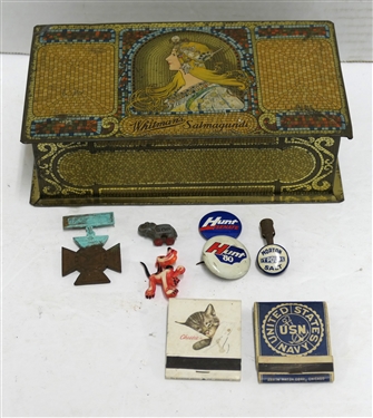 Metal Whitmans Salmagundi Tin with Chesapeake and Ohio Railway Matches, U.S. Navy Matches, Hunt '80 Campaign Button, Morton Salt Pin Button, GOP Elephant, Confederate Veteran Iron Cross, and...
