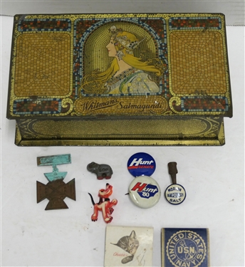 Metal Whitmans Salmagundi Tin with Chesapeake and Ohio Railway Matches, U.S. Navy Matches, Hunt '80 Campaign Button, Morton Salt Pin Button, GOP Elephant, Confederate Veteran Iron Cross, and...