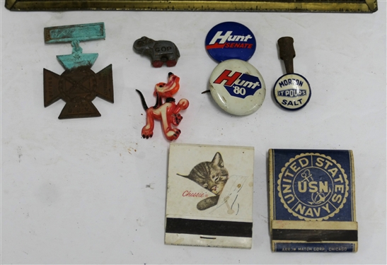 Metal Whitmans Salmagundi Tin with Chesapeake and Ohio Railway Matches, U.S. Navy Matches, Hunt '80 Campaign Button, Morton Salt Pin Button, GOP Elephant, Confederate Veteran Iron Cross, and...