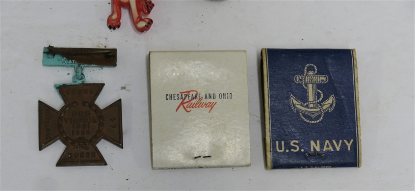 Metal Whitmans Salmagundi Tin with Chesapeake and Ohio Railway Matches, U.S. Navy Matches, Hunt '80 Campaign Button, Morton Salt Pin Button, GOP Elephant, Confederate Veteran Iron Cross, and...