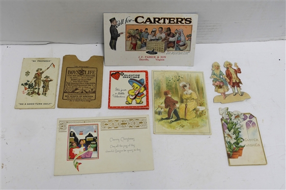 Playing Card Lot including Pair of Common Sense 1885 Cuff Holder Card Clips, Celluloid Dice, Home Savings Playing Cards, and Parker Brothers Rook Cards