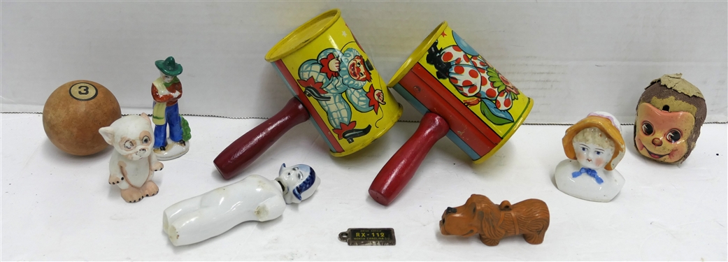 Vintage Lot Including Made in USA Tin Litho Noise Makers, Japan Porcelain Figures, China Doll - Needs To Be Re Strung, Pool Ball, Monkey Head, and Key License Tag