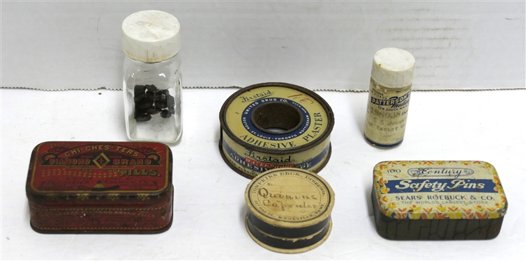 Vintage Pharmaceutical Lot including Knoxville, Tenn Tomkins Bros Druggist - Paper Box, First Aid Adhesive Plaster Roll, Chi-Ches-Ter's Diamond Brand Pills Tin, Century Safety Pins, and Patterson's...
