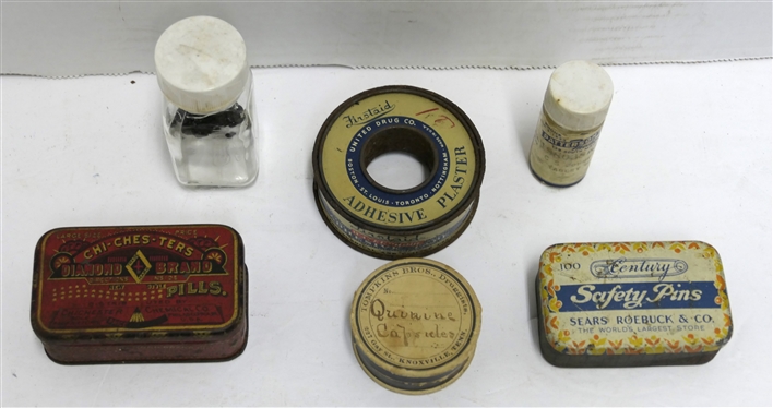 Vintage Pharmaceutical Lot including Knoxville, Tenn Tomkins Bros Druggist - Paper Box, First Aid Adhesive Plaster Roll, Chi-Ches-Ter's Diamond Brand Pills Tin, Century Safety Pins, and Patterson's...