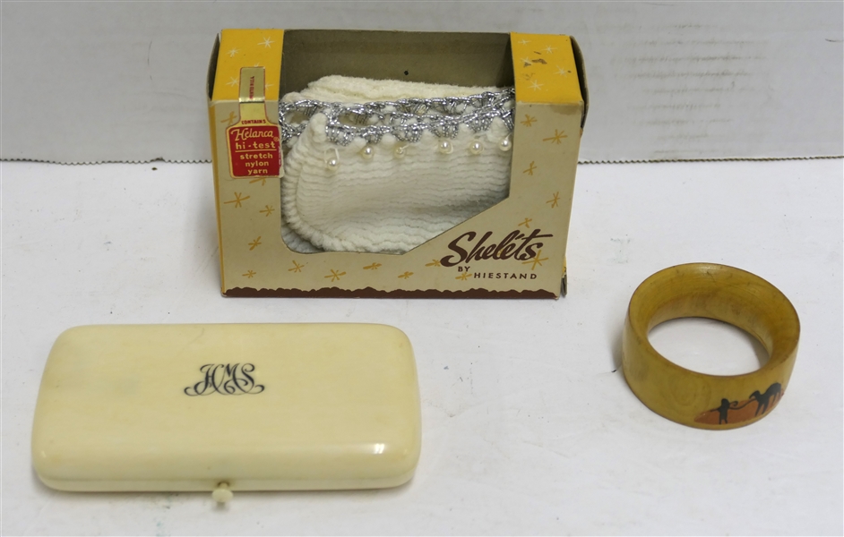Ivory or Bone Sewing Kit - Heavy for Size  - Monogramed From "HMS" - Jerusalem Wood Childs Cuff Bracelet, and Shelets Ladies Stretch Nylon Slipper - New Old Stock in Original Box - Sewing Box...