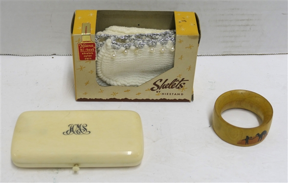 Ivory or Bone Sewing Kit - Heavy for Size  - Monogramed From HMS - Jerusalem Wood Childs Cuff Bracelet, and Shelets Ladies Stretch Nylon Slipper - New Old Stock in Original Box - Sewing Box...