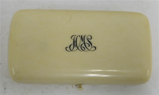 Ivory or Bone Sewing Kit - Heavy for Size  - Monogramed From HMS - Jerusalem Wood Childs Cuff Bracelet, and Shelets Ladies Stretch Nylon Slipper - New Old Stock in Original Box - Sewing Box...