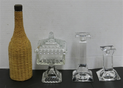 Wicker Wrapped Bottle, Press Glass Preserve Stand, and 2 Crystal Candle Sticks - Tallest Candle Stick Measures 5 3/4 Tall 