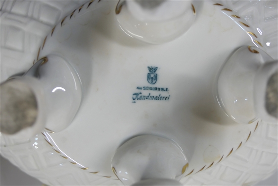 Meissen Style Porcelain Centerpiece Bowl with Applied Porcelain Flowers and Cherub Musicians - Signed Schierholz - Handmalaeri  - Flowers are in Excellent Condition Measures 7 1/2 tall 11 by 6 1/8
