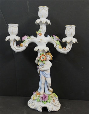 Meissen Style Porcelain 3 Light Candelabra with Applied Flowers and Cherubs - Marked Schierholz - Handmalaeri  - Flowers are in Excellent Condition - Measures 14 tall 10 across