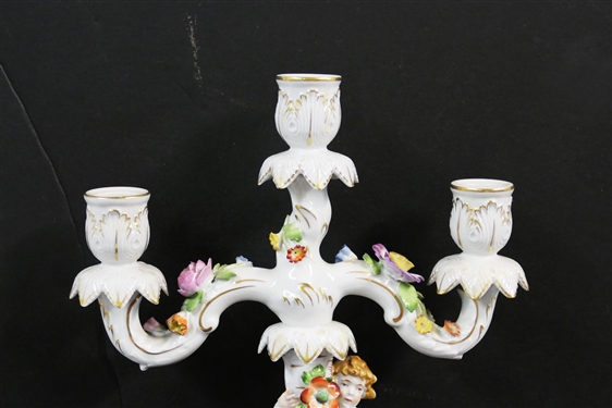 Meissen Style Porcelain 3 Light Candelabra with Applied Flowers and Cherubs - Marked Schierholz - Handmalaeri  - Flowers are in Excellent Condition - Measures 14 tall 10 across
