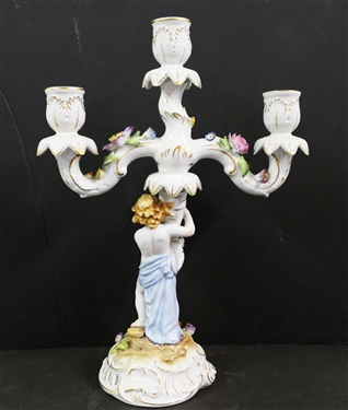 Meissen Style Porcelain 3 Light Candelabra with Applied Flowers and Cherubs - Marked Schierholz - Handmalaeri  - Flowers are in Excellent Condition - Measures 14 tall 10 across