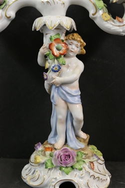 Meissen Style Porcelain 3 Light Candelabra with Applied Flowers and Cherubs - Marked Schierholz - Handmalaeri  - Flowers are in Excellent Condition - Measures 14 tall 10 across