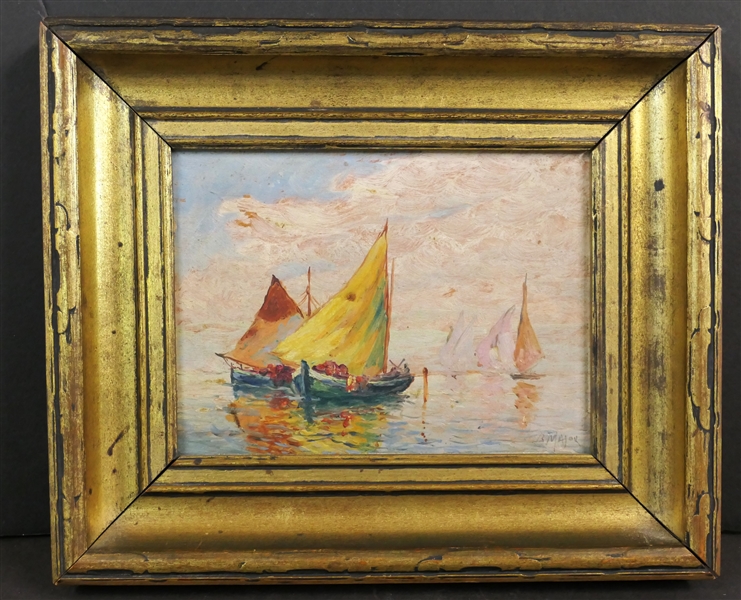 B Major Oil on Board Painting of Sailboats in Gold Gilt Frame - Frame Measures 10" by 12" - Artist Boris B. Major Russian / New York - 1876 - 9151