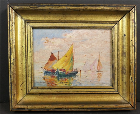 B Major Oil on Board Painting of Sailboats in Gold Gilt Frame - Frame Measures 10 by 12 - Artist Boris B. Major Russian / New York - 1876 - 9151