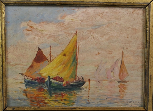 B Major Oil on Board Painting of Sailboats in Gold Gilt Frame - Frame Measures 10 by 12 - Artist Boris B. Major Russian / New York - 1876 - 9151