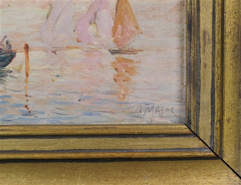 B Major Oil on Board Painting of Sailboats in Gold Gilt Frame - Frame Measures 10 by 12 - Artist Boris B. Major Russian / New York - 1876 - 9151