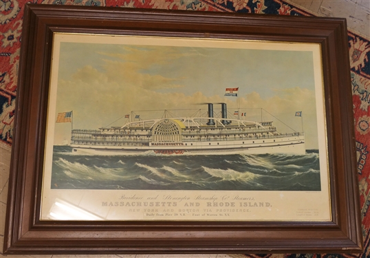 Currier and Ives Hand Colored Print - Providence and Stonington Steamship Co. Steamers Massachusetts and Rhode Island - Daily From Pier 29 N.H. - Foot of Warren St. N.Y. - Framed - Frame Measures...