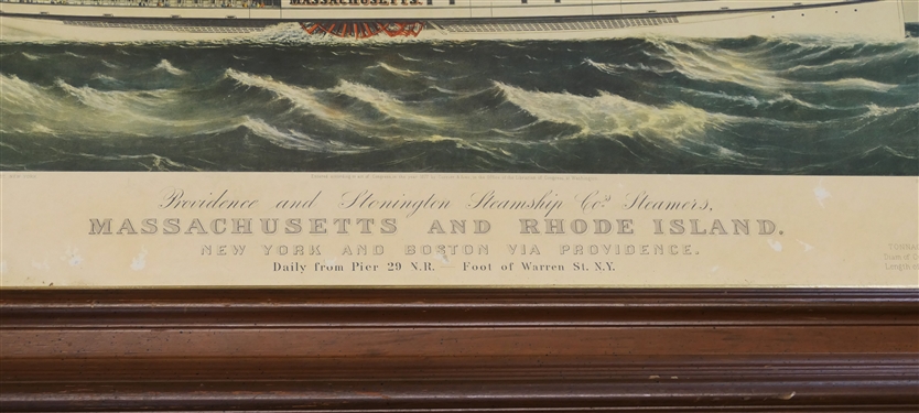 Currier and Ives Hand Colored Print - Providence and Stonington Steamship Co. Steamers Massachusetts and Rhode Island - Daily From Pier 29 N.H. - Foot of Warren St. N.Y. - Framed - Frame Measures...