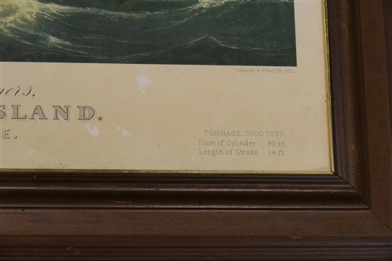 Currier and Ives Hand Colored Print - Providence and Stonington Steamship Co. Steamers Massachusetts and Rhode Island - Daily From Pier 29 N.H. - Foot of Warren St. N.Y. - Framed - Frame Measures...