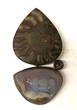Outstanding Large Ammonite and Drusy Pendant - Set in Sterling Silver - Pendant Measures 4 1/2 Long 2 5/8 Across - Original Retail Price of $1795