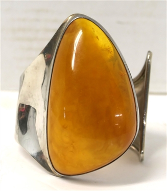 Mariusz Gliwinski MG Sterling Silver and LARGE Baltic Amber Cuff Bracelet - Hallmarked on Edge - Original MG Label - 93 - Amber Measures 3 1/4 by 1 1/2 