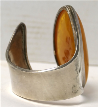 Mariusz Gliwinski MG Sterling Silver and LARGE Baltic Amber Cuff Bracelet - Hallmarked on Edge - Original MG Label - 93 - Amber Measures 3 1/4 by 1 1/2 