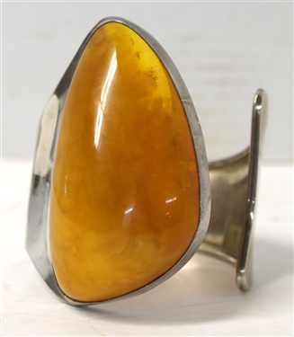 Mariusz Gliwinski MG Sterling Silver and LARGE Baltic Amber Cuff Bracelet - Hallmarked on Edge - Original MG Label - 93 - Amber Measures 3 1/4 by 1 1/2 