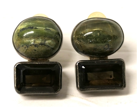 Rebecca Collins, Dallas Texas - Bless Our Earth Sterling Silver Clip On Earrings with Bezel Set Stones - Hand Made - Each Earring Measures 1 1/4 Long 3/4 Across