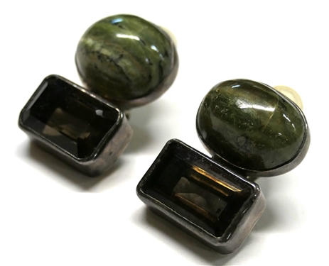 Rebecca Collins, Dallas Texas - Bless Our Earth Sterling Silver Clip On Earrings with Bezel Set Stones - Hand Made - Each Earring Measures 1 1/4 Long 3/4 Across