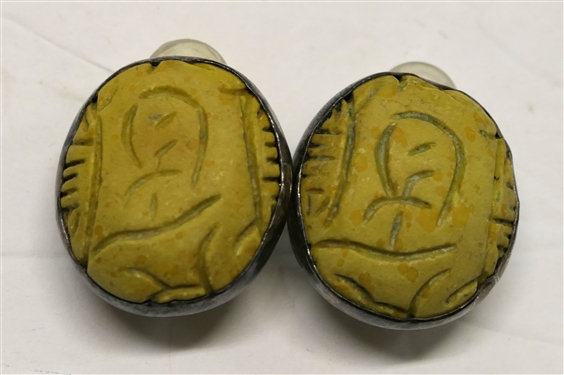 Rebecca Collins, Dallas Texas Handmade Carved Turquoise Clip On Earrings - Sterling Silver Bezel Set Stones - Engraved Bless Our Earth on Reverse - Earrings Measure 1