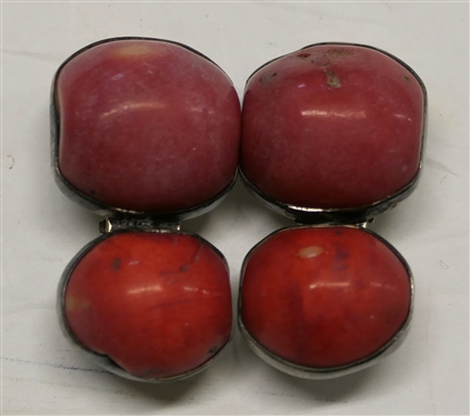 Rebecca Collins, Dallas Texas Handmade Sterling Silver Clip on Earrings with Reddish Pink Stones - Bless Our Earth Engraved on Reverse - Earrings Measure 1 1/2 Long