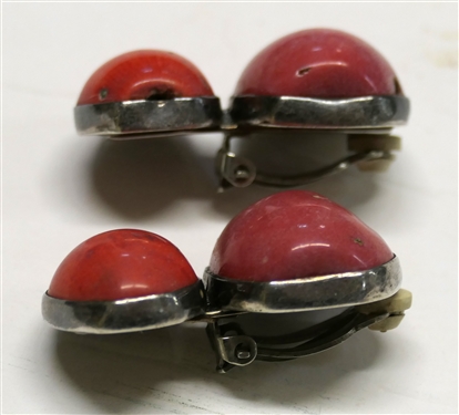 Rebecca Collins, Dallas Texas Handmade Sterling Silver Clip on Earrings with Reddish Pink Stones - Bless Our Earth Engraved on Reverse - Earrings Measure 1 1/2 Long