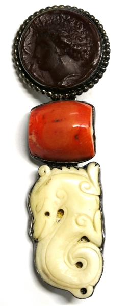 Large Rebecca Collins, Dallas Texas, Handmade Sterling Silver Brooch with Carved Ivory Dragon, Chinese Jade, and Intaglio - Engraved "Bless Our Earth" On Reverse - Brooch Measures 4 1/4" Long  1...