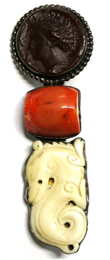 Large Rebecca Collins, Dallas Texas, Handmade Sterling Silver Brooch with Carved Ivory Dragon, Chinese Jade, and Intaglio - Engraved Bless Our Earth On Reverse - Brooch Measures 4 1/4 Long  1...