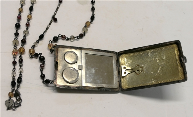 Sterling Silver Compact with Glass Beaded Chain - Compact Marked Sterling 775 and Monogrammed VFM - Compact Measures 3 1/2 by 2 1/4 - Love Alan on Clasp - Chain Measures 56