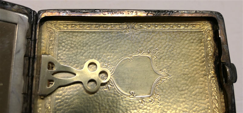 Sterling Silver Compact with Glass Beaded Chain - Compact Marked Sterling 775 and Monogrammed VFM - Compact Measures 3 1/2 by 2 1/4 - Love Alan on Clasp - Chain Measures 56