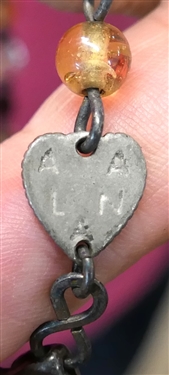 Sterling Silver Compact with Glass Beaded Chain - Compact Marked Sterling 775 and Monogrammed VFM - Compact Measures 3 1/2 by 2 1/4 - Love Alan on Clasp - Chain Measures 56
