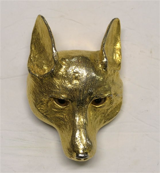 Heavy Gold Tone Metal Fox Head Belt Buckle  - Glass Eyes - Buckle Measures 4" by 3"